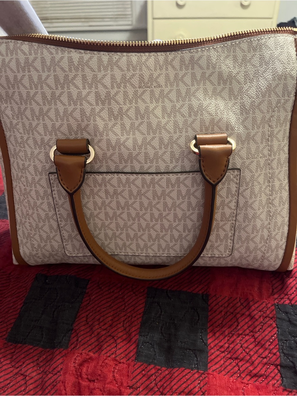 Michael Kors Beige Signature Satchel with Tan Trim